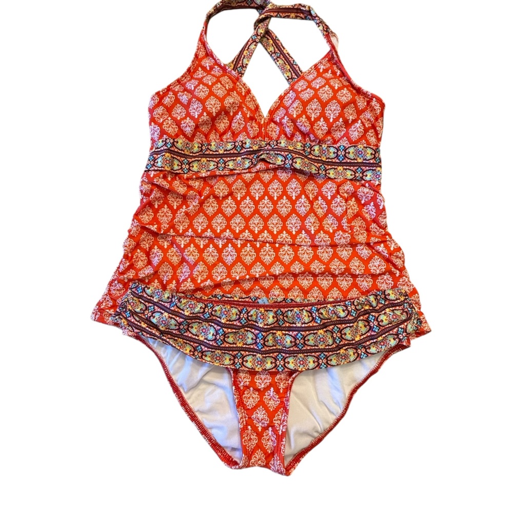 ANTONIO MELANI Red and Multicolor Patterned Tankini Swimsuit in a Women’s Small